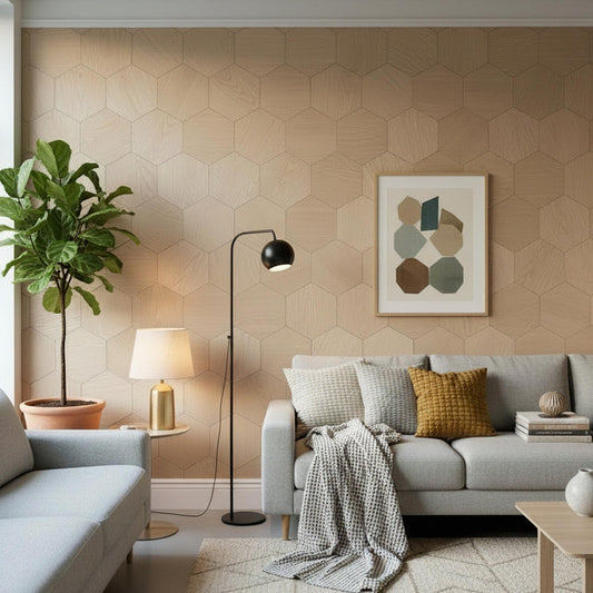 Dekoratiivsed puidust kuusnurksed seinapaneelid – naturaalse tamme viimistlusega – keskmise suurusega