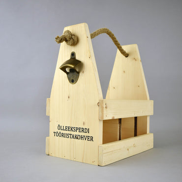 Puidust õllekast koos pudeliavajaga ja köiest käepidemega