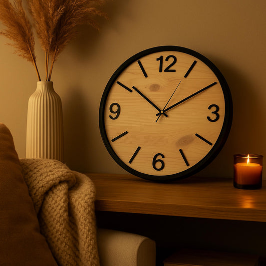 Käsitööna valmistatud täispuidust seinakell, diameeter 36 cm