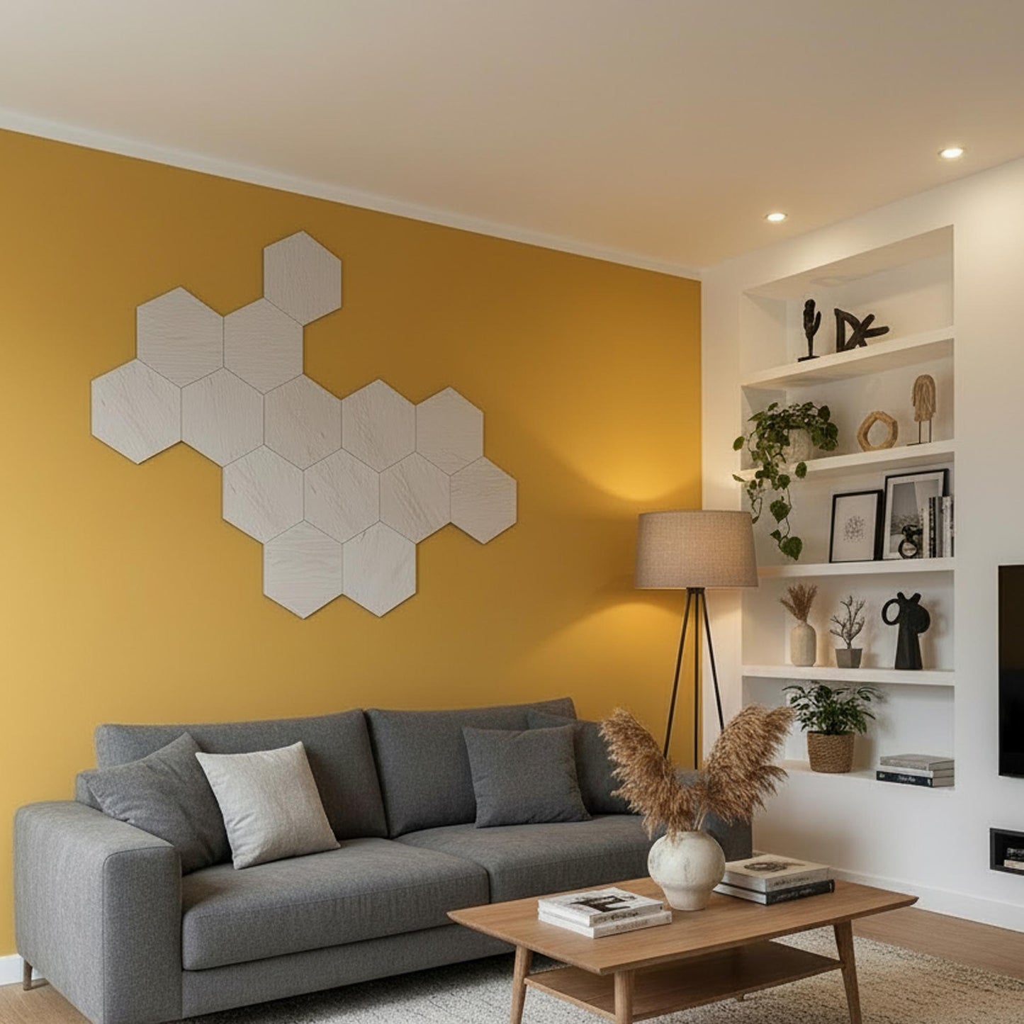 Dekoratiivsed puidust kuusnurksed seinapaneelid – naturaalse tamme viimistlusega – keskmise suurusega