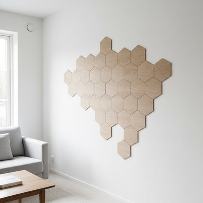 Dekoratiivsed puidust kuusnurksed seinapaneelid – naturaalse tamme viimistlusega – keskmise suurusega