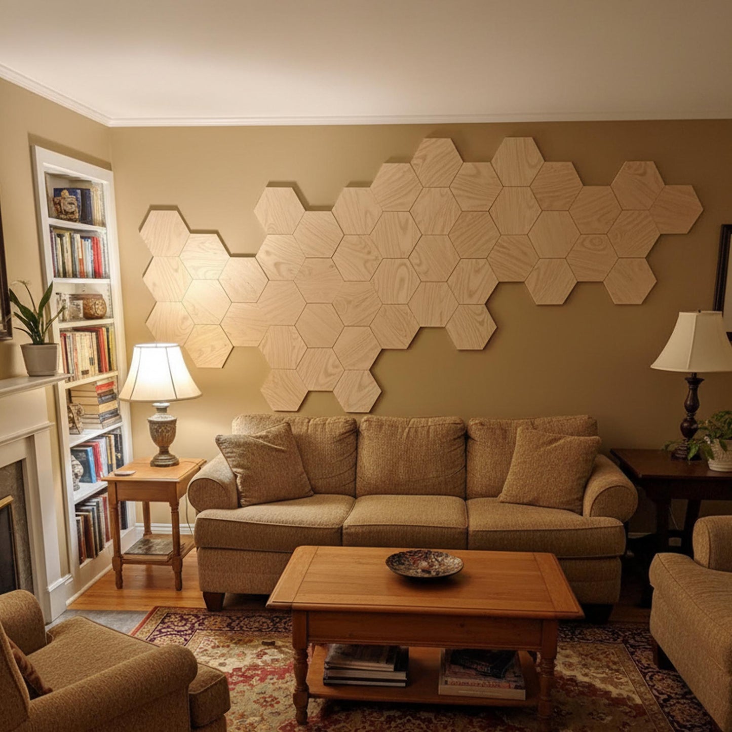 Dekoratiivsed puidust kuusnurksed seinapaneelid – naturaalse saare viimistlusega – keskmise suurusega