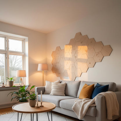 Dekoratiivsed puidust kuusnurksed seinapaneelid – naturaalse saare viimistlusega – keskmise suurusega