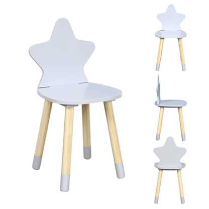 Helehalli lastetooli Täht detailvaade – tähekujuline seljatugi ja puidust raam