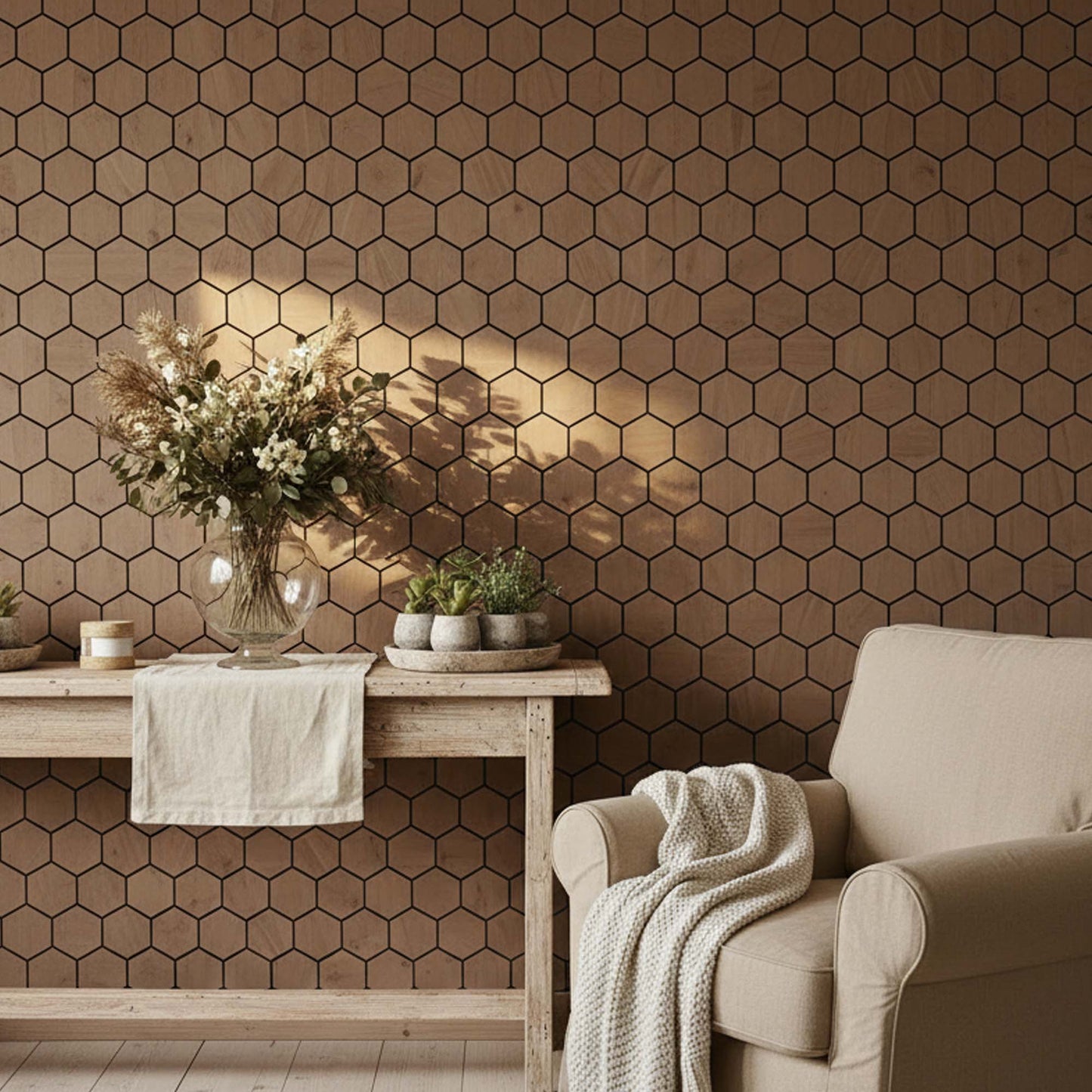 Pähkli kuusnurkse paneeli detail, näitab tekstuuri ja 3D efekti