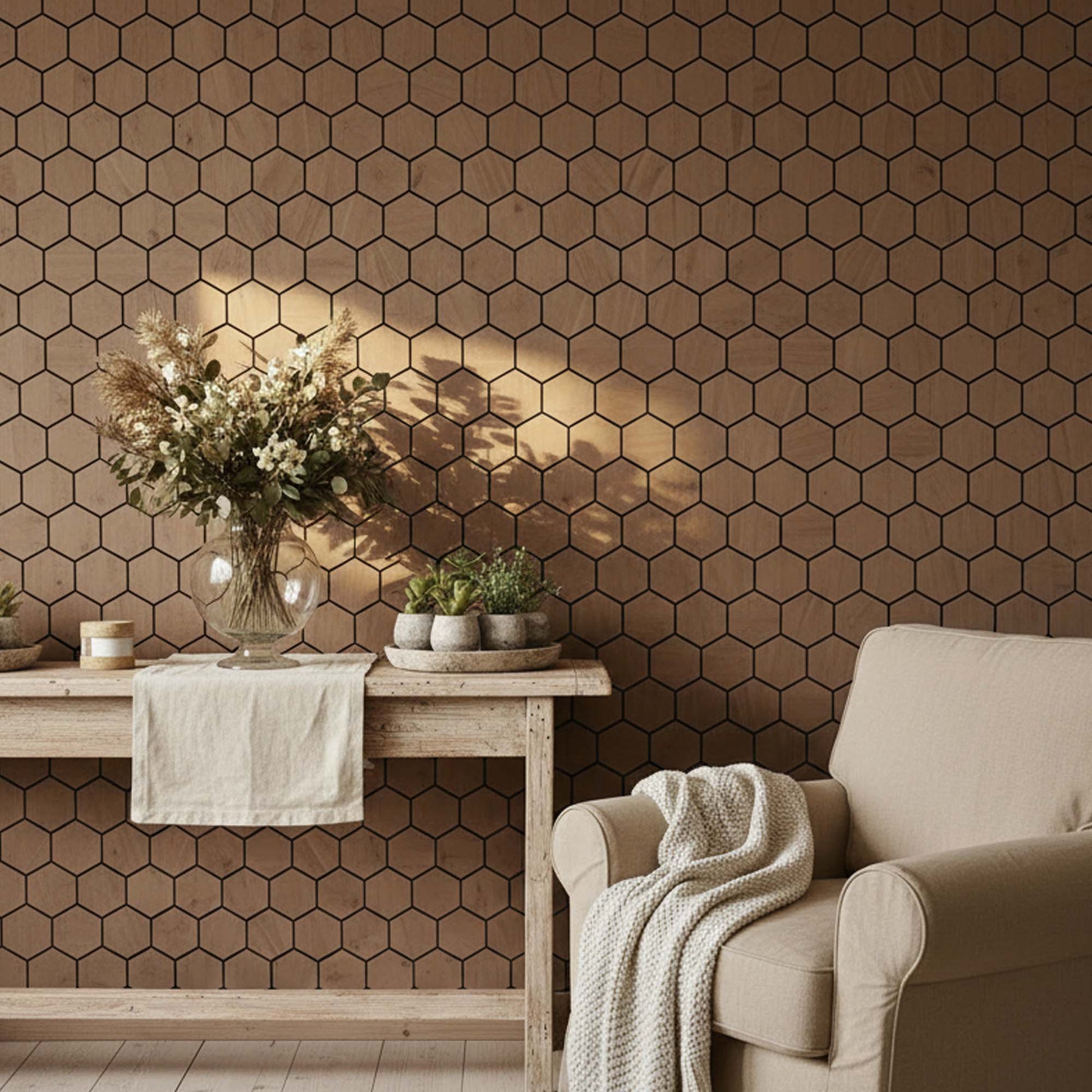 Pähkli kuusnurkse paneeli detail, näitab tekstuuri ja 3D efekti