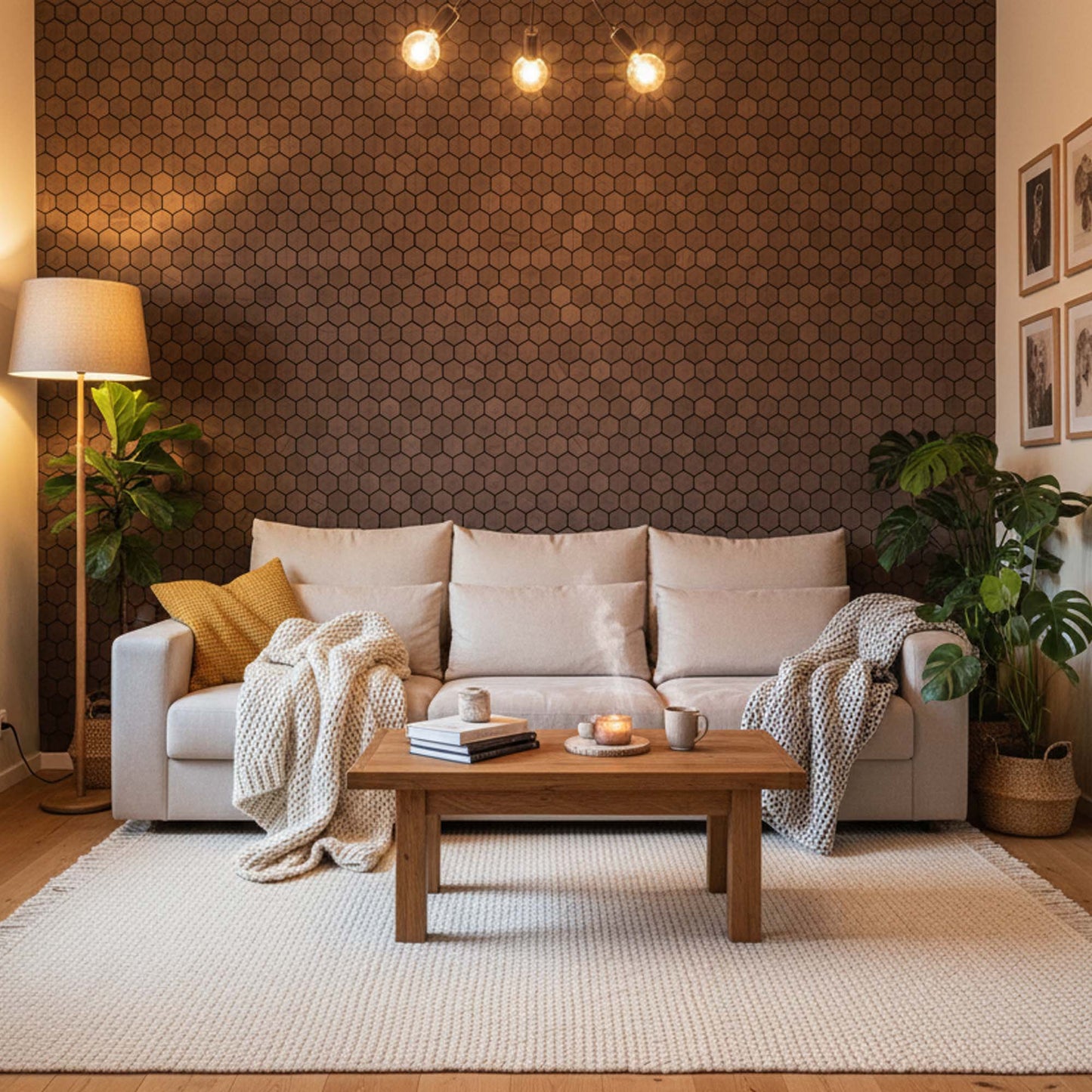 Dekoratiivsed kuusnurkse mustriga pähkli seinapaneelid, sobivad fookusseinale