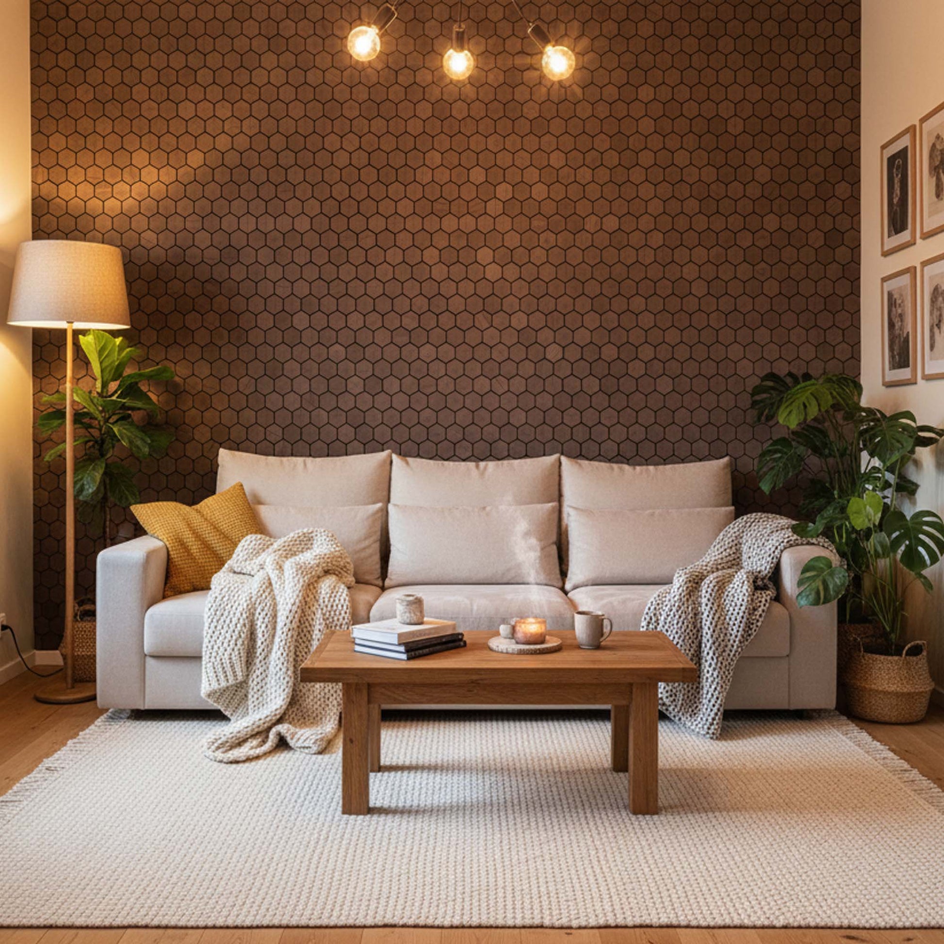 Dekoratiivsed kuusnurkse mustriga pähkli seinapaneelid, sobivad fookusseinale