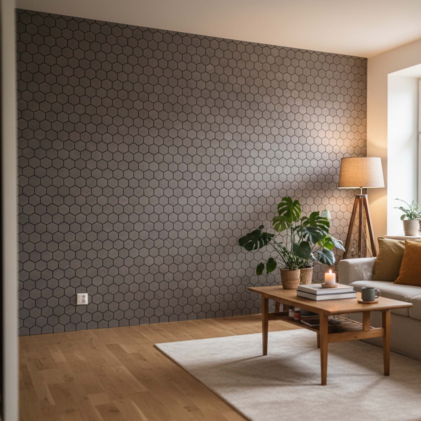 Valmis pähkli kuusnurkne seinapaneel, näitab loomulikku puidumustri varieeruvust