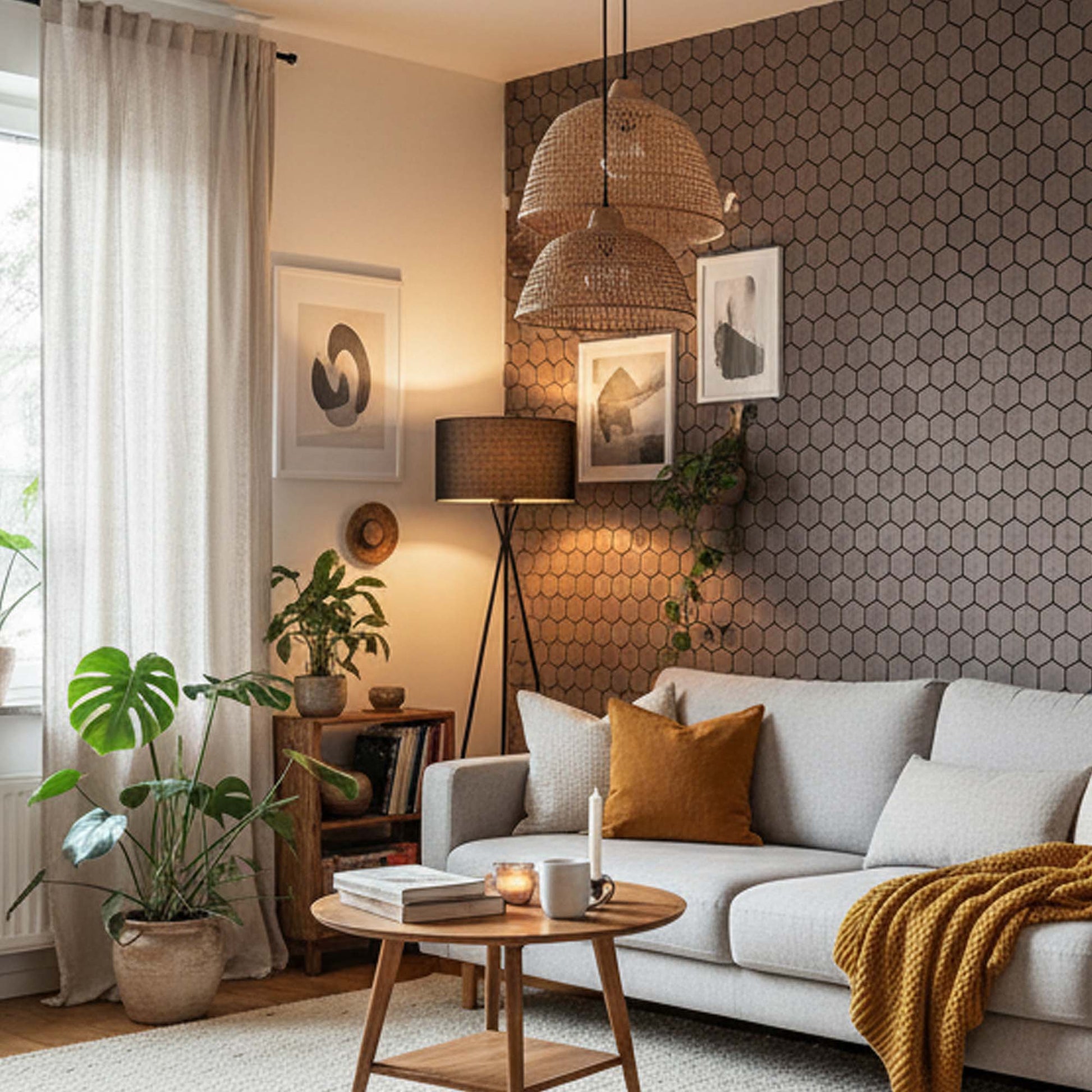 Kuusnurkne pähkli seinapaneel, naturaalne puidumuster, valmis paigalduseks