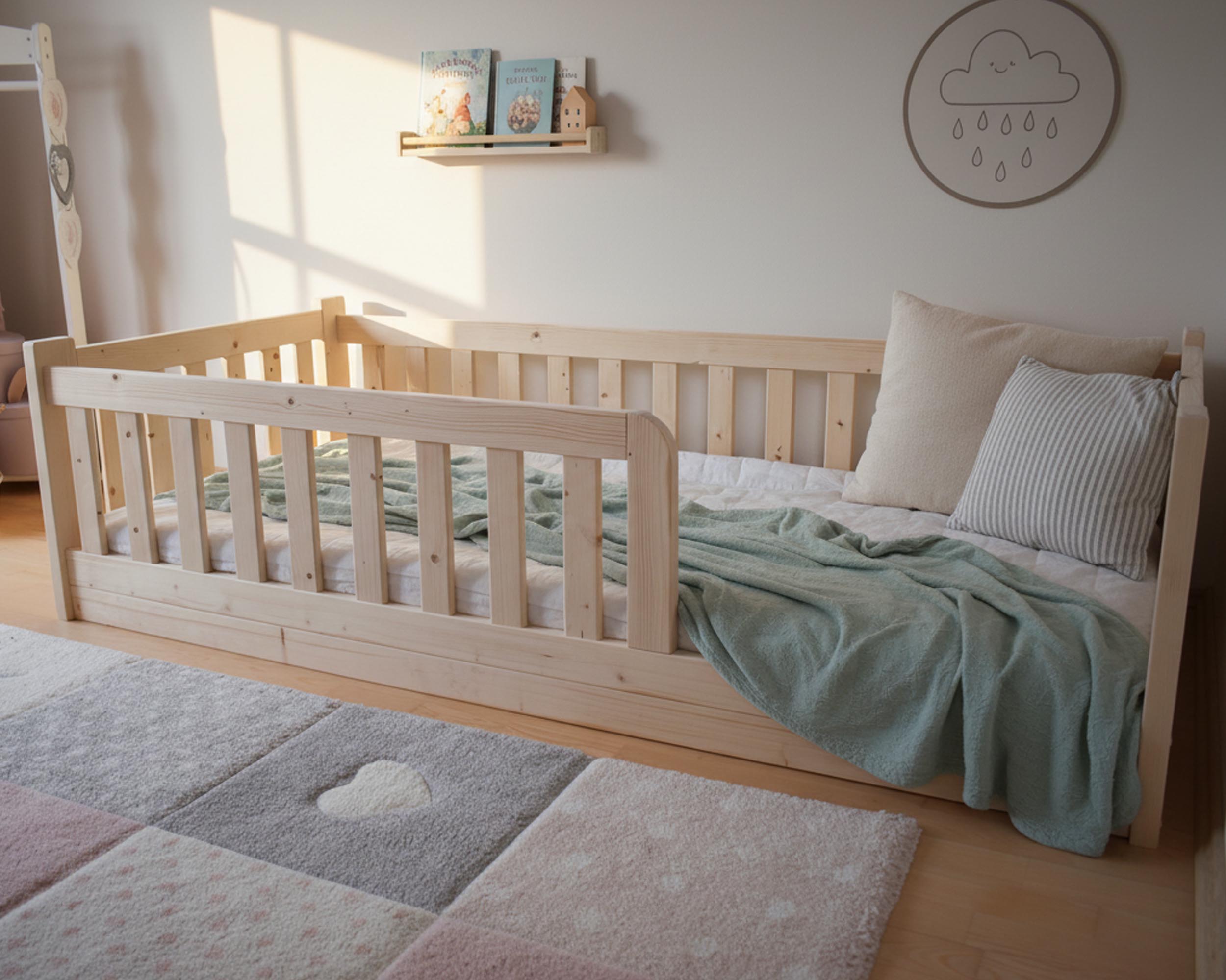 Skandinaavia stiilis madal lastevoodi Montessori magamistoas