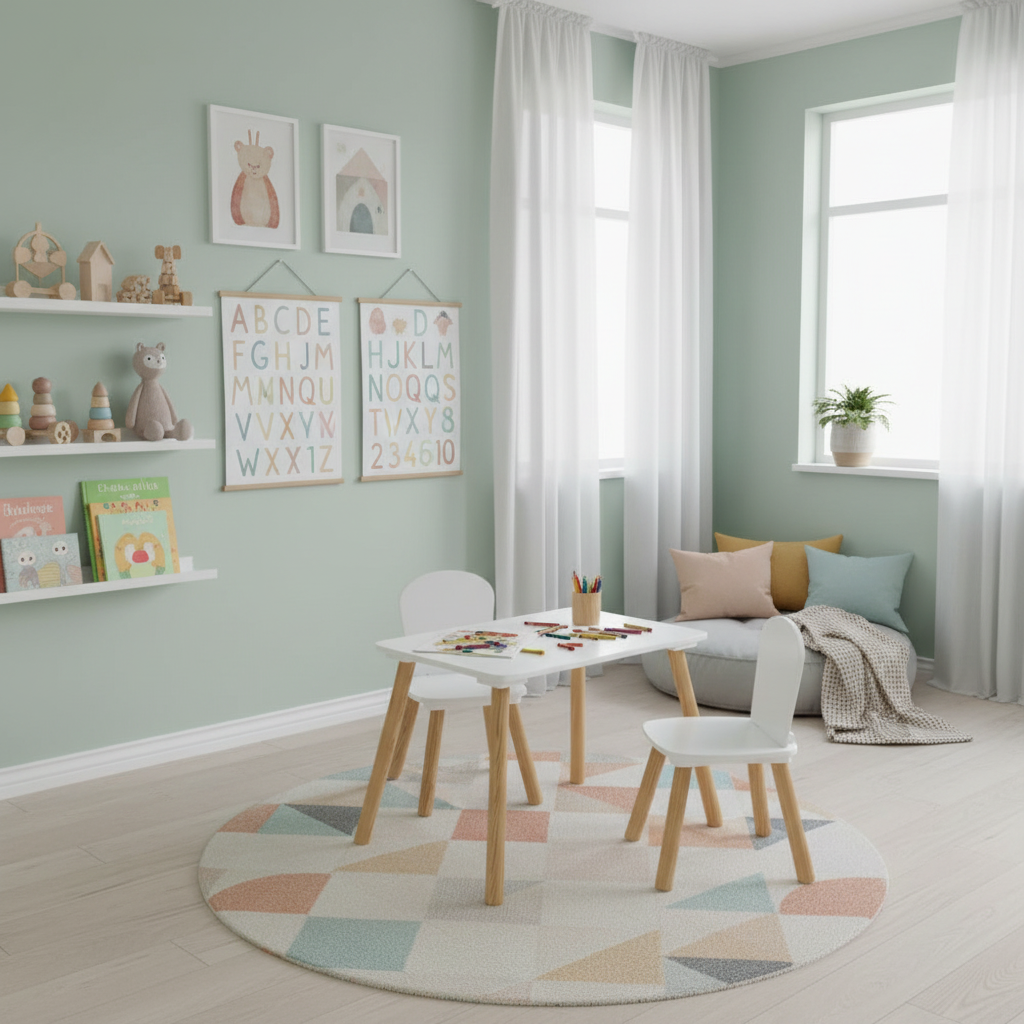 Valge puidust lastelaud + 2 tooli