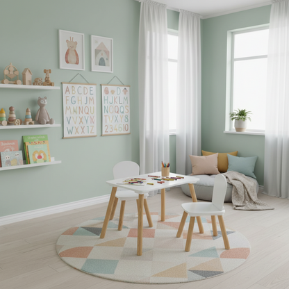 Valge puidust lastelaud + 2 tooli