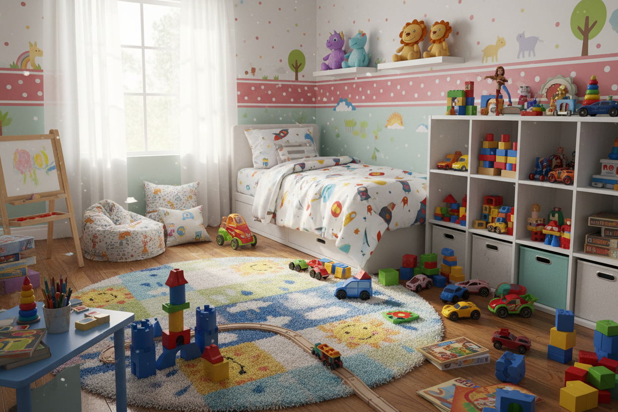 create me a image of awesome kid room with some toys