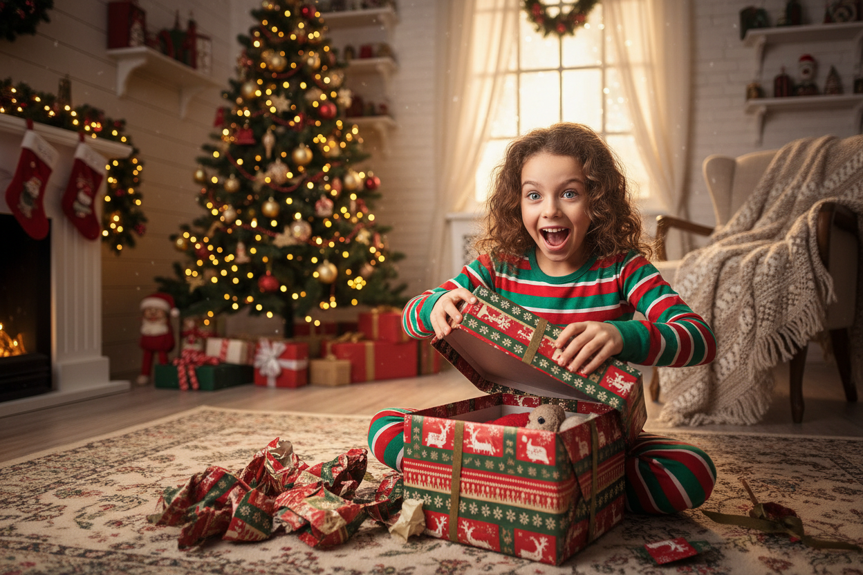 create me a picture og a happy kid opening a present in her room, christmas